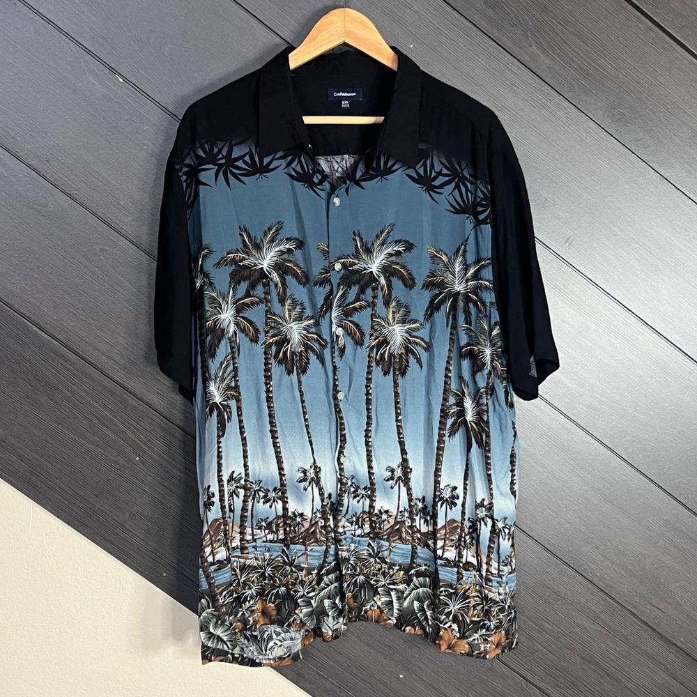 Croft & Barrow Men's XXL Palm Tree Rayon Hawaiian Shirt Blue Black Tropical